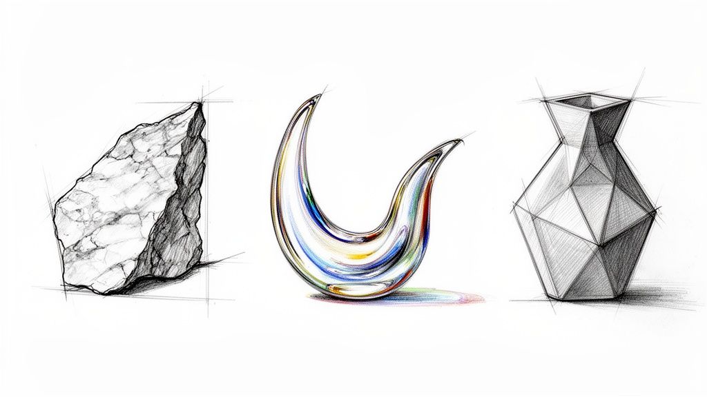 Three artistic design sketches showing a rock, a colorful glass sculpture, and a geometric vase on white background.