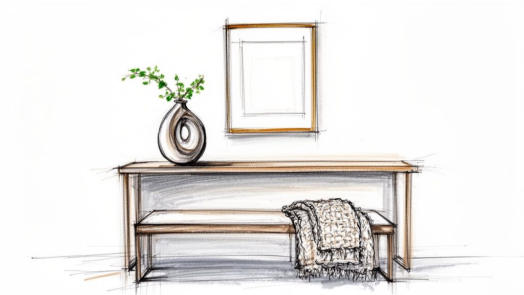 Hand-drawn sketch of a console table with a vase of greenery, a framed picture, and a blanket on a bench.