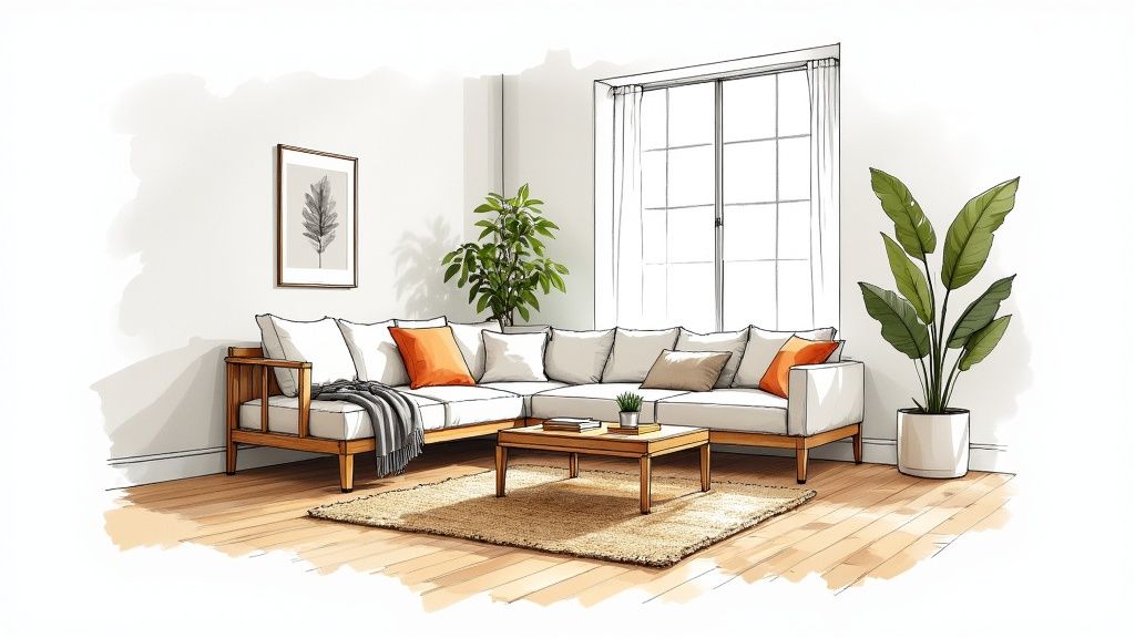 A minimalist sketch of a bright modern living room with a large sectional sofa, coffee table, and plants.