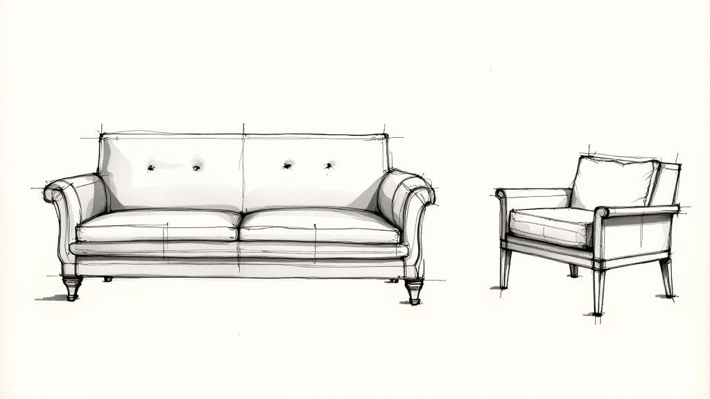 A living room showcasing foundational Italian furniture pieces, including an elegant sofa and a stylish coffee table, set in a beautifully arranged space.