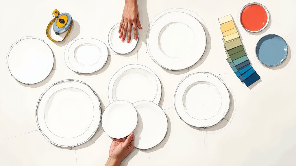 Overhead view of hands arranging various white plates, a measuring tape, color swatches, and paint cans on a light surface.