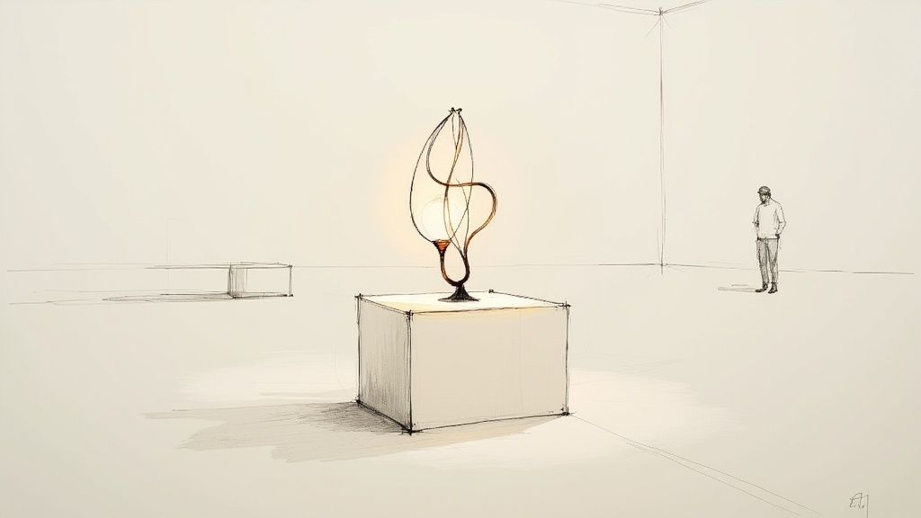 A minimalist sketch of a gallery featuring a sculptural table lamp on a pedestal, with a person observing.