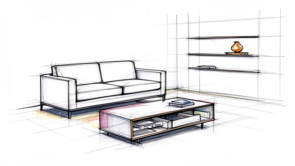 A minimalist interior design sketch showing a sofa, coffee table with drawers, and wall shelves.