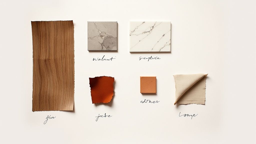 A curated collection of interior design material samples including wood veneer, marble, leather, and fabric swatches.