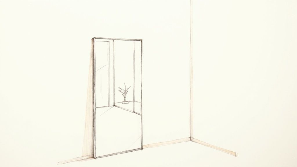 A close-up of a stylish bevelled glass mirror reflecting a modern interior.