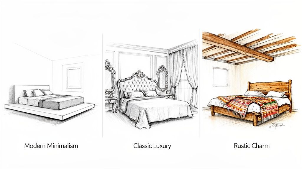 Three bedroom interior design sketches showcasing modern minimalist, classic luxury, and rustic charm styles.