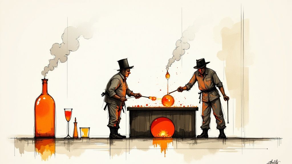 Sketchy illustration of two men in hats blowing glass, manipulating glowing orange spheres over a furnace.
