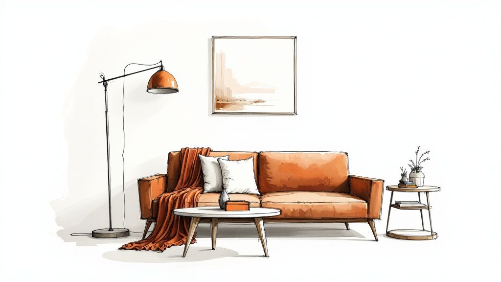 A beautifully styled Italian living room featuring layered textures, statement lighting, and curated art.