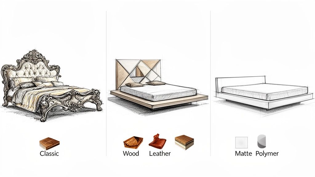 Three artistic sketches of distinct bed designs: classic, modern with wood/leather, and minimalist with matte/polymer.