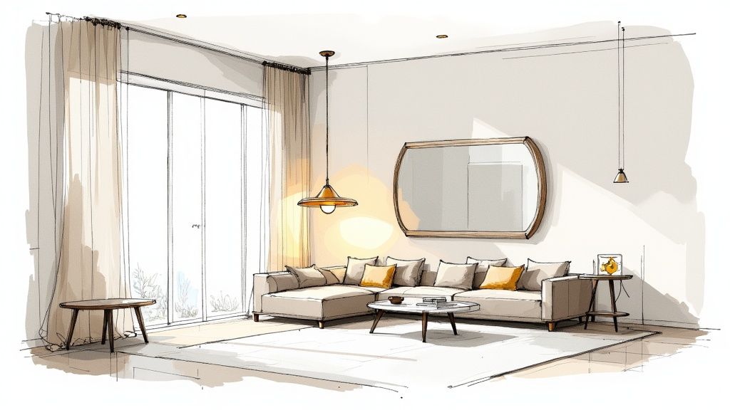 A bright, airy living room with sheer linen curtains, a large minimalist mirror, and a statement pendant light over a coffee table.