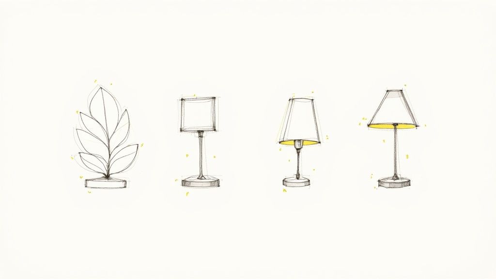 Hand-drawn sketches feature unique sculptural and traditional table lamp designs on a minimalist white background.