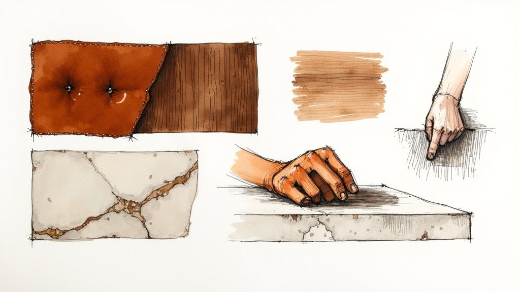 A close-up of the detailed stitching on a luxurious Italian leather sofa, showcasing superior craftsmanship.