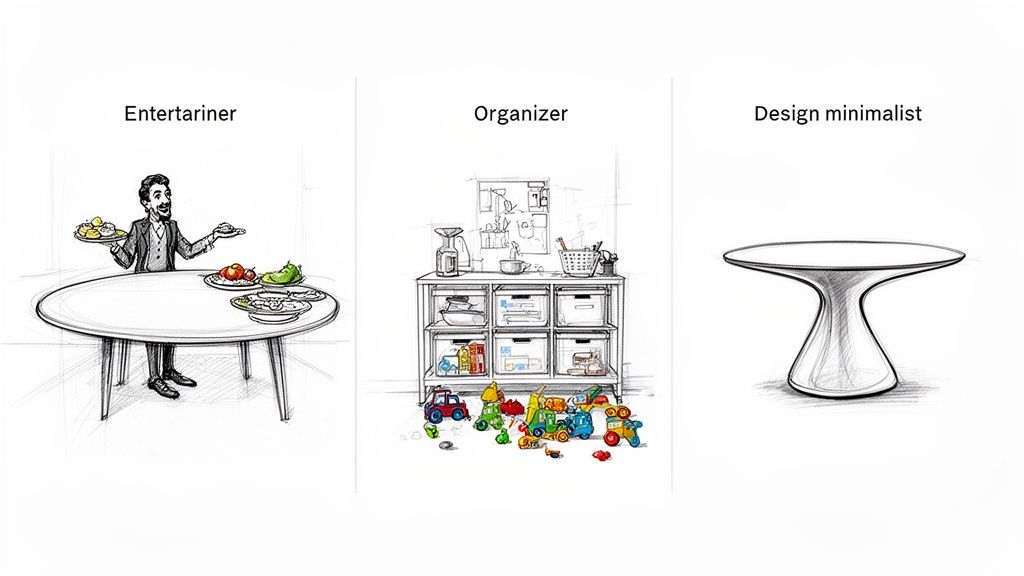 Sketches depicting three lifestyle concepts: entertainer with food, organizer with storage, and minimalist table design.