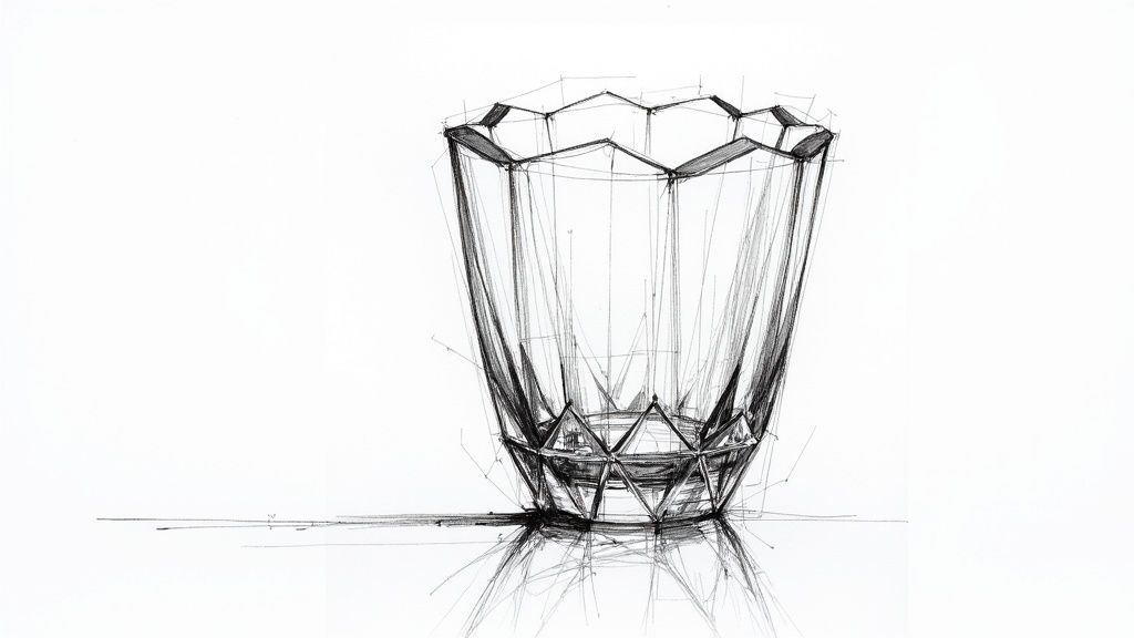 A detailed black and white technical sketch of a faceted glass with geometric patterns.