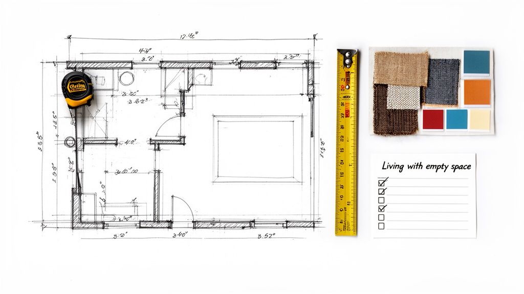 Architectural blueprint with measuring tools, fabric samples, and a design checklist on a white background.