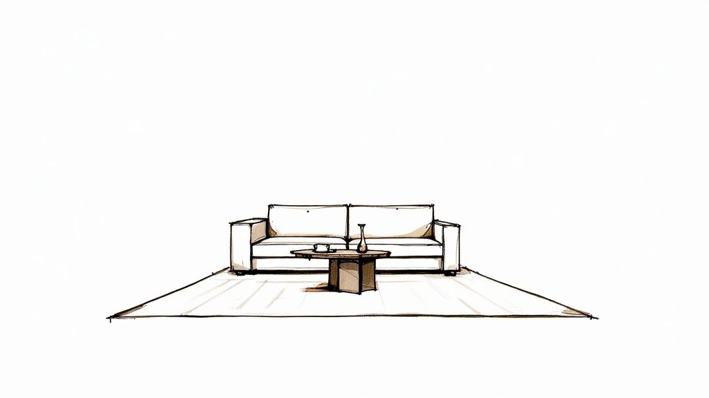 Minimalist sketch of a modern living room with a two-seater sofa and a round coffee table.