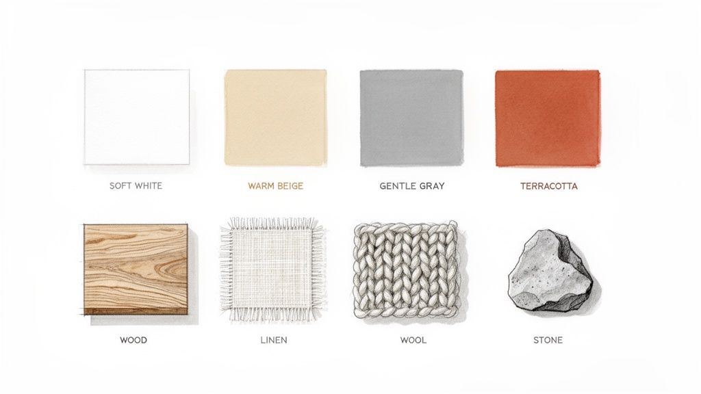 A natural color and texture palette featuring soft white, warm beige, gray, terracotta, wood, linen, wool, and stone.