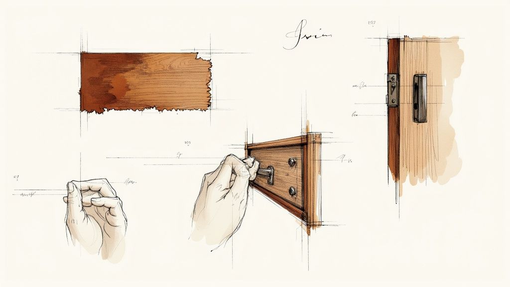 Architectural sketch showing wooden drawer construction details with hand-drawn technical illustrations and material samples