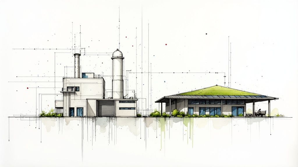 A digital twin simulation of a factory on a tablet, showcasing smart technology in manufacturing.