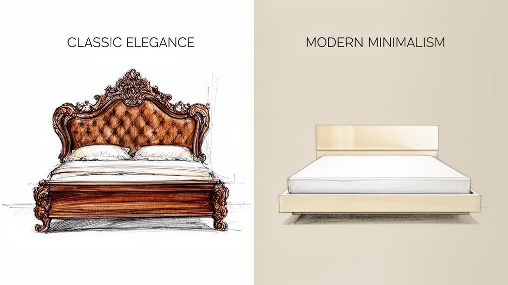 Two beds side-by-side, contrasting classic elegance with modern minimalist bedroom furniture designs.