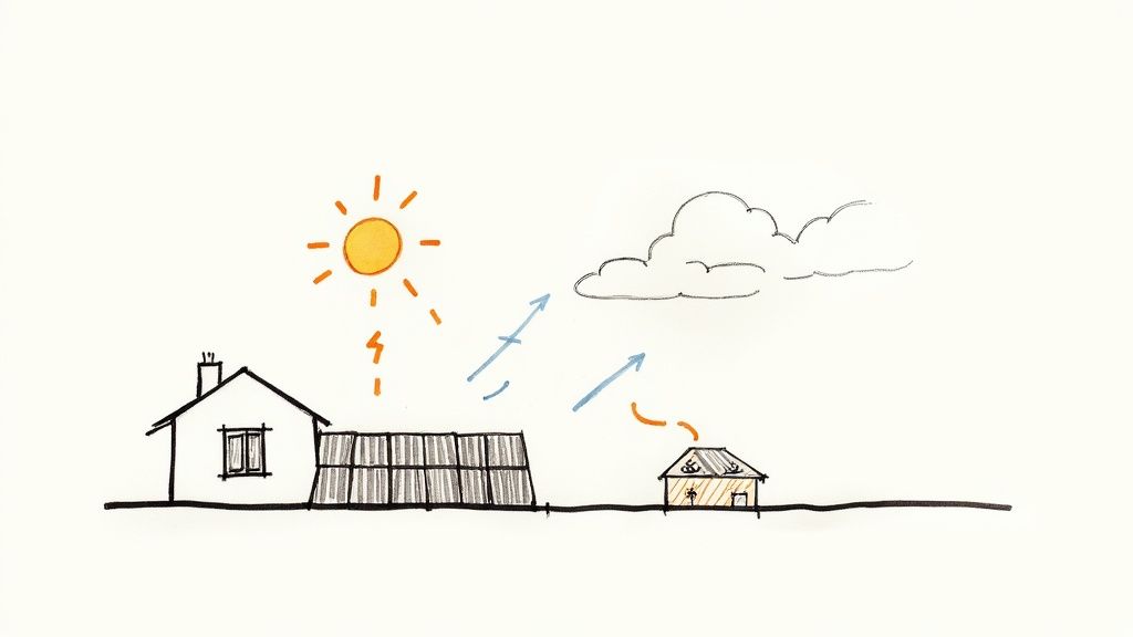 Hand-drawn illustration of solar energy. Sun powers solar panels, feeding energy to a grid and another home.