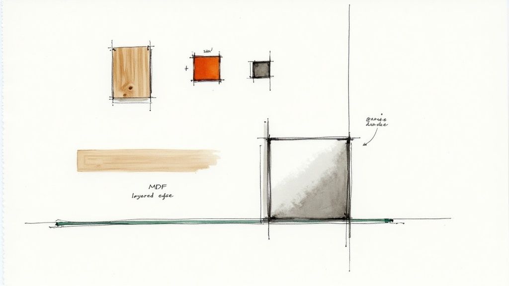 Architectural sketches illustrating wood textures, colored squares, and a shaded box, likely for modern design concepts.