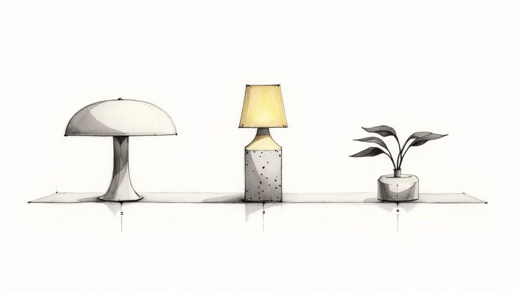 A sculptural table lamp with a dark, textured base sitting on a wooden console table.