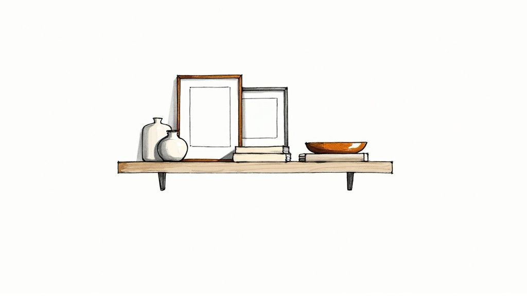 A beautifully styled contemporary shelf unit featuring a mix of books, vases, and personal objects.