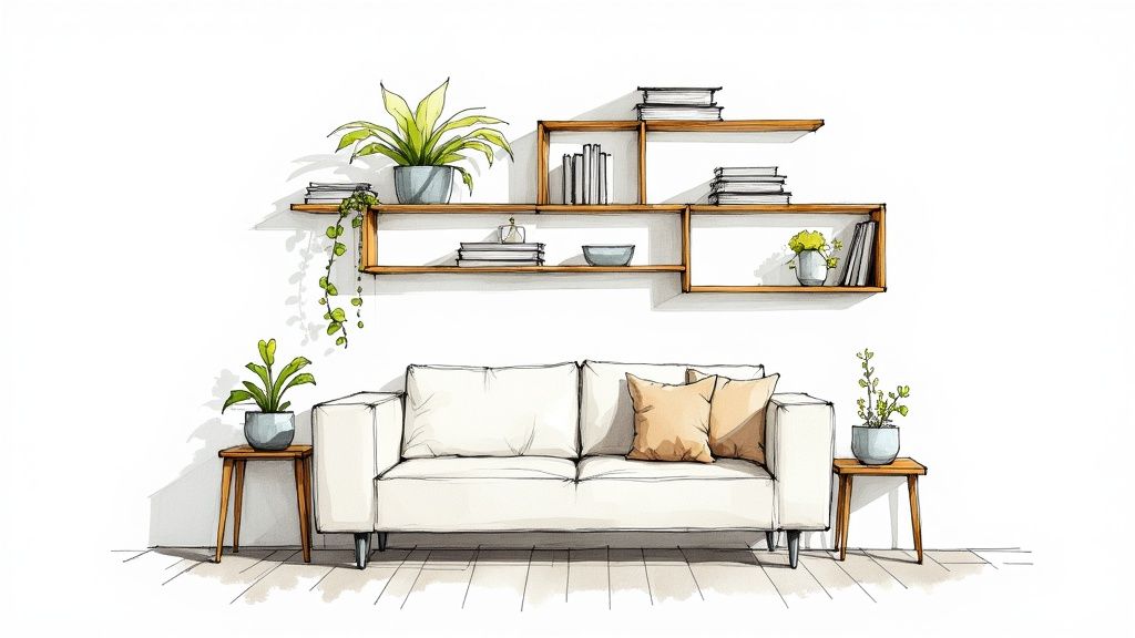 A stylishly accessorized small living room featuring plants and minimalist decor.