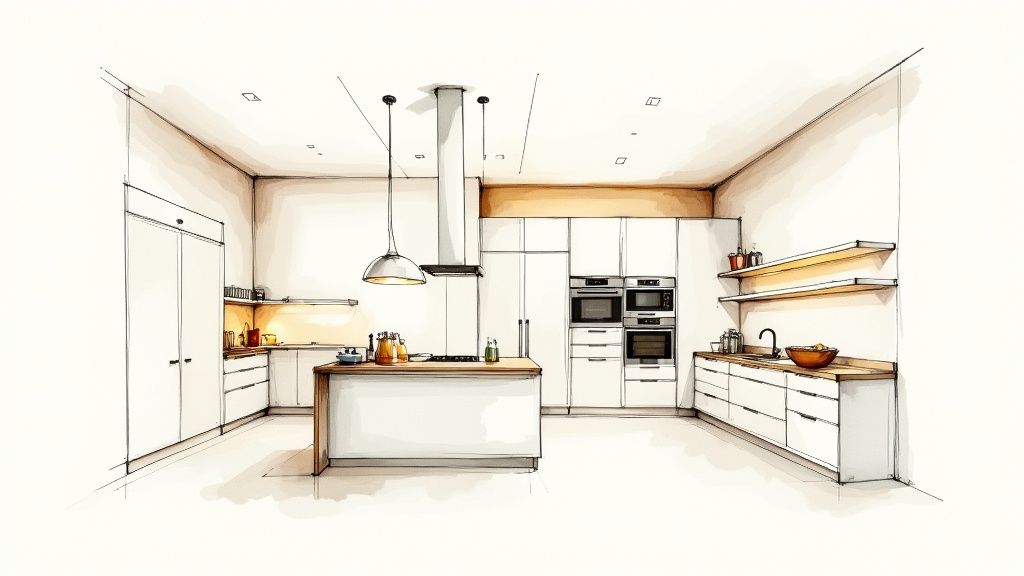 A hand-drawn sketch of a contemporary kitchen with a central island, built-in appliances, and open shelving.