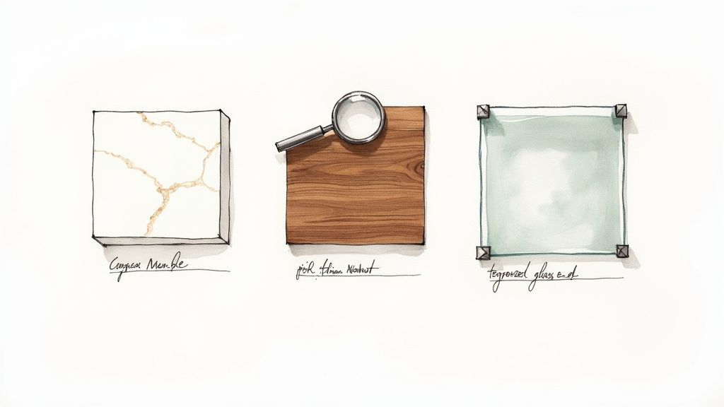 Three hand-drawn illustrations showcasing different material samples: marble, wood with a magnifying glass, and glass.