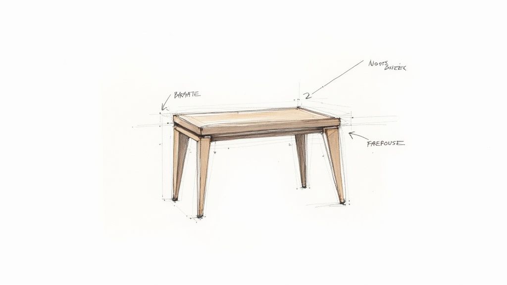 A modern living room with a sleek, low-profile coffee table at the center, surrounded by minimalist furniture.