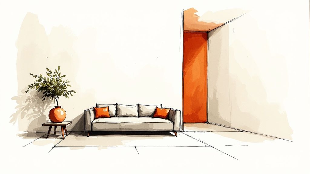 A modern Italian interior with minimalist furniture and a neutral color palette.