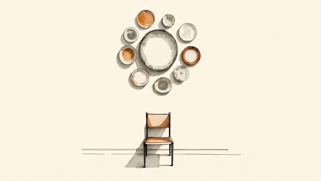 A minimalist illustration of decorative ceramic plates arranged in a circle on a wall above a wooden chair.
