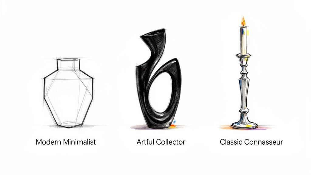 Three distinct luxury gift ideas: a modern minimalist vase, an artful black sculpture, and a classic silver candlestick.