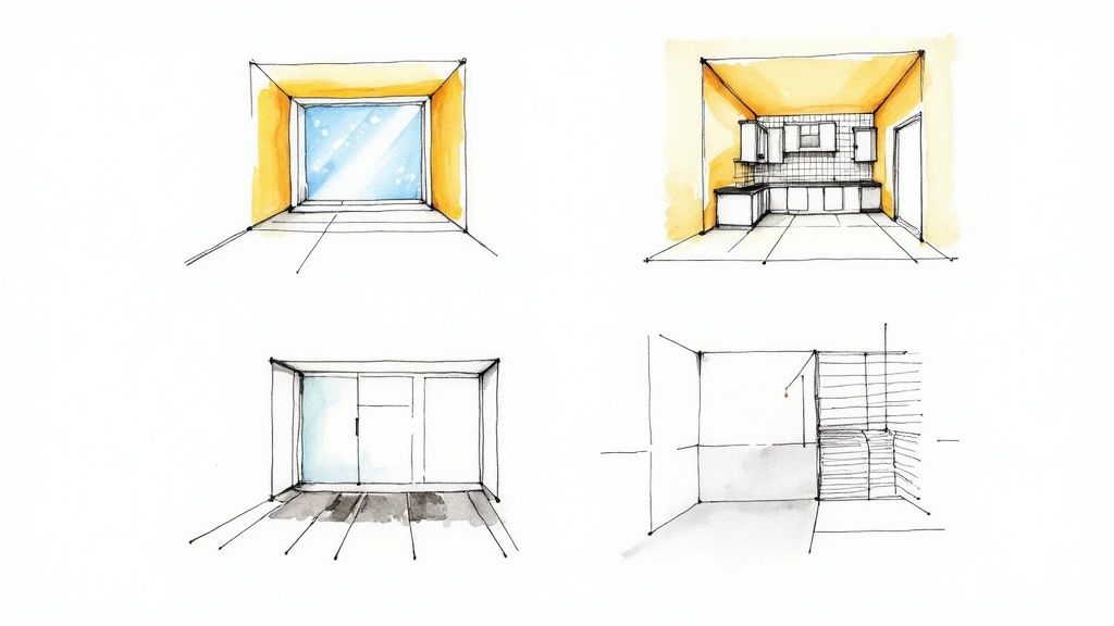 A modern interior showcasing a stylish glass block feature wall that divides a space while allowing light to flow freely.