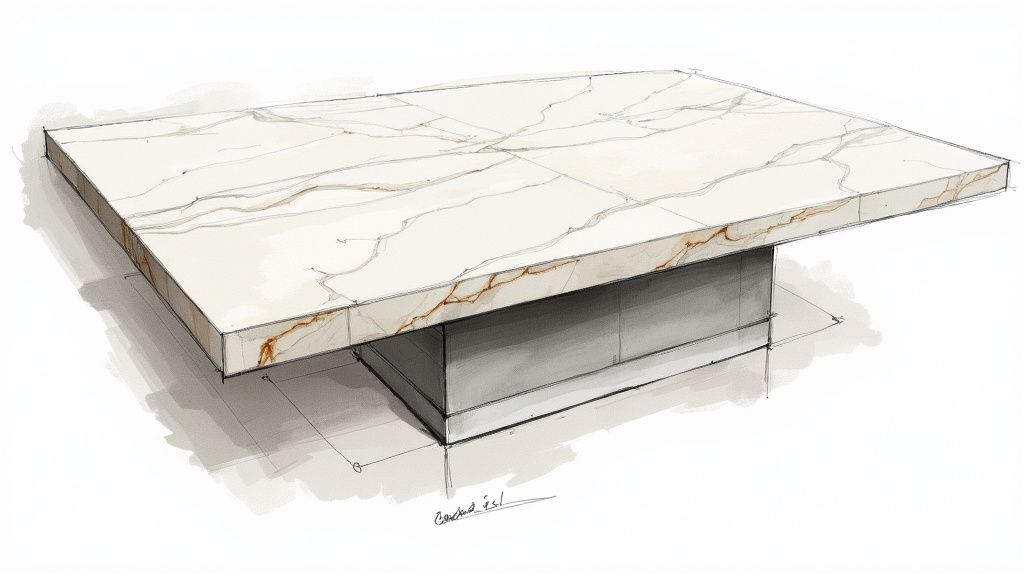 Sketch illustration of a modern Italian coffee table with a light marble top and dark base.