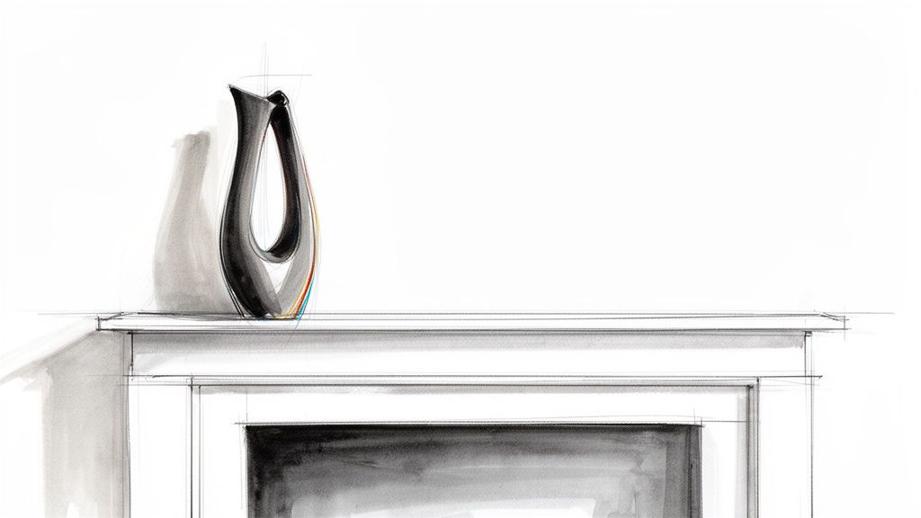 A minimalist sketch of a dark, modern abstract vase resting elegantly on a white fireplace mantel.