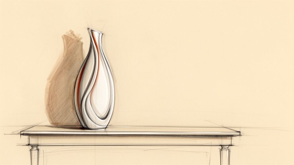Detailed sketch of a modern, elegant vase with a unique design and a blurred shadow on a table.