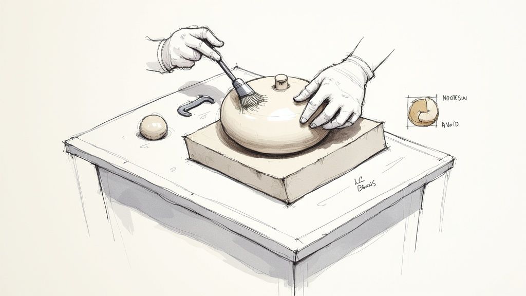 A ceramic abstract sculpture placed on a shelf in soft lighting.