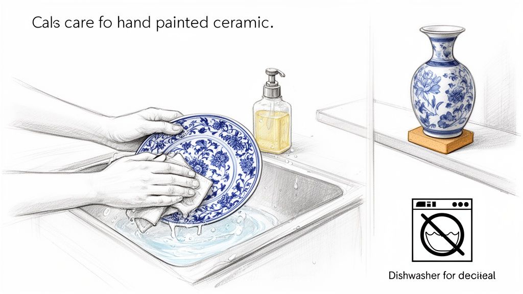 Illustration showing hands hand-washing a delicate hand-painted ceramic plate, with a 'no dishwasher' symbol.