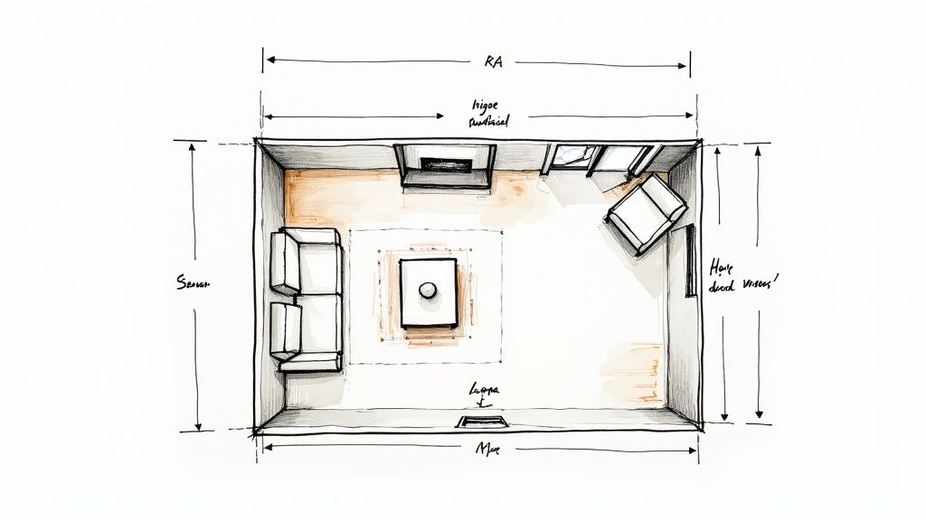 Top-down sketch of a living room layout featuring two sofas, a coffee table, fireplace, and window.