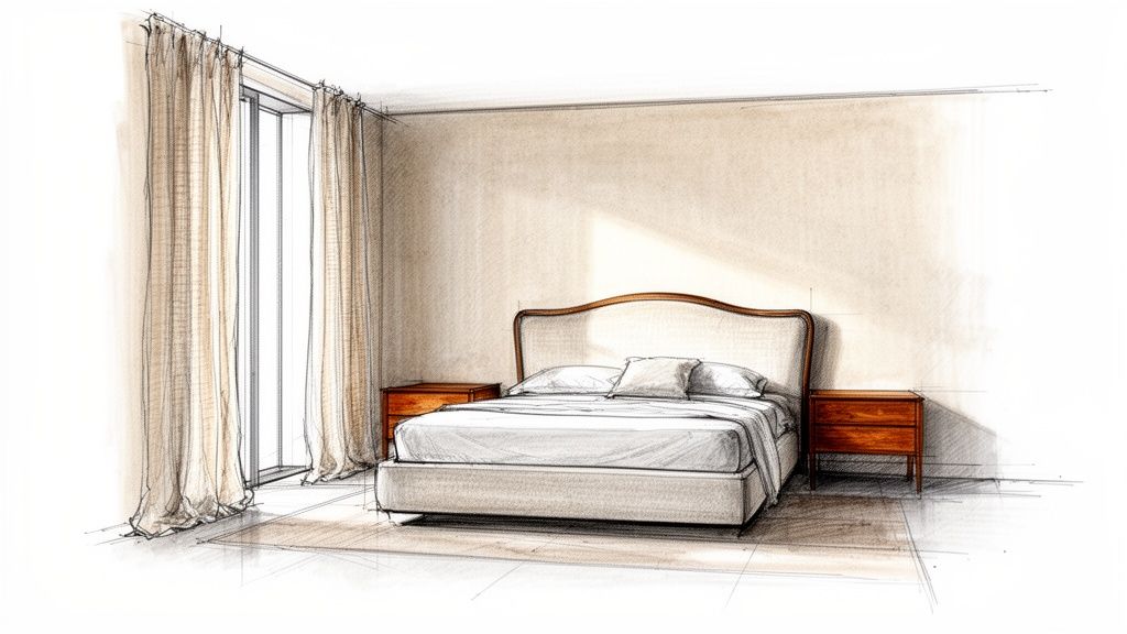 A hand-drawn sketch of a bedroom interior featuring a bed, two wooden nightstands, and light curtains.
