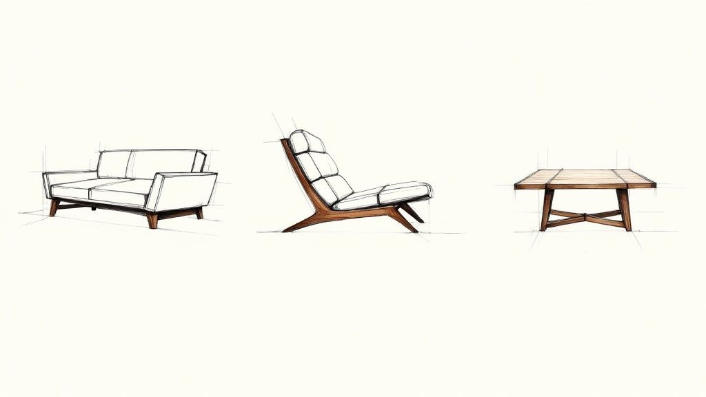 A minimalist living room featuring a sculptural Poltrona Frau sofa and a modern B&B Italia armchair, showcasing iconic Italian furniture design.