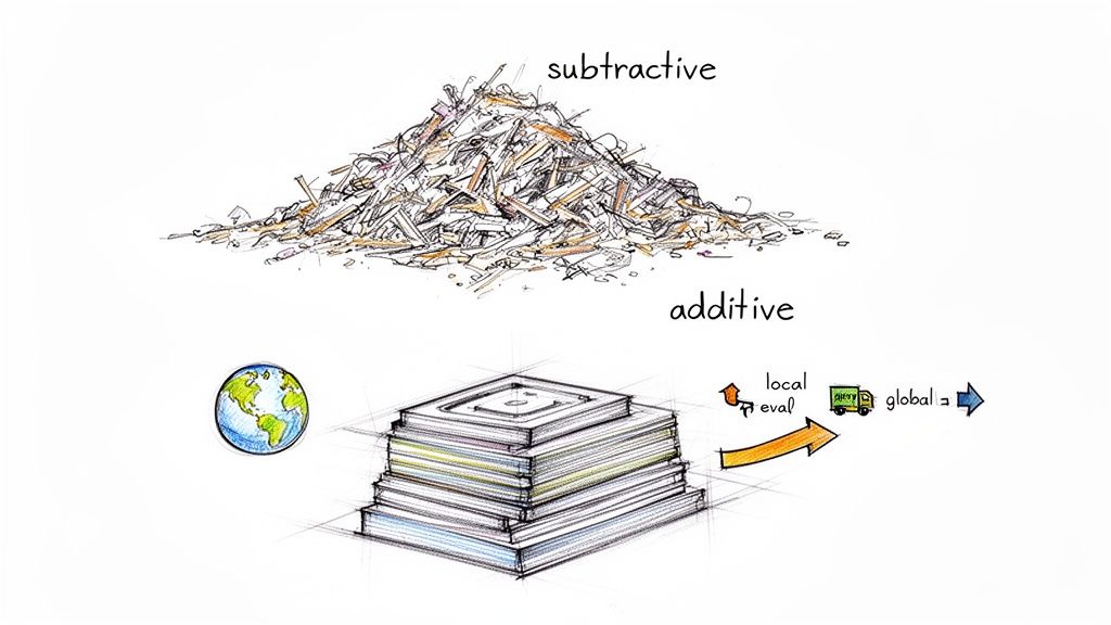 Illustration contrasting subtractive process as a waste pile and additive process as layered objects and global flow.