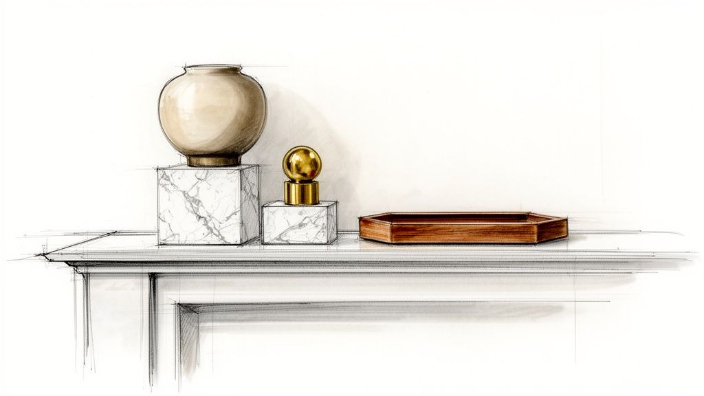 A modern mantelpiece sketch displaying a beige vase, golden sphere, and wooden tray on marble bases.