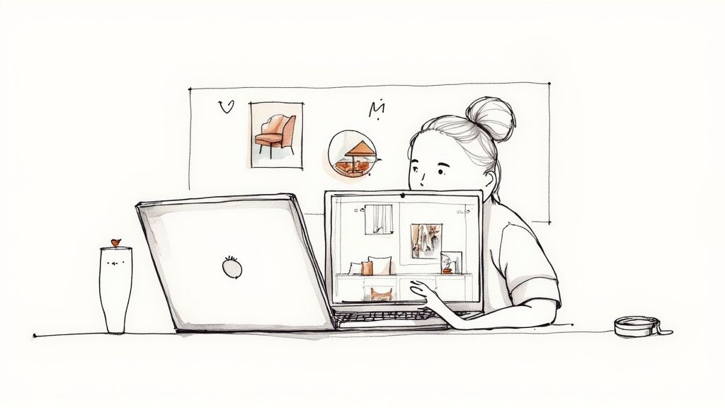 Illustration of a woman researching home decor ideas on her laptop, surrounded by design elements.