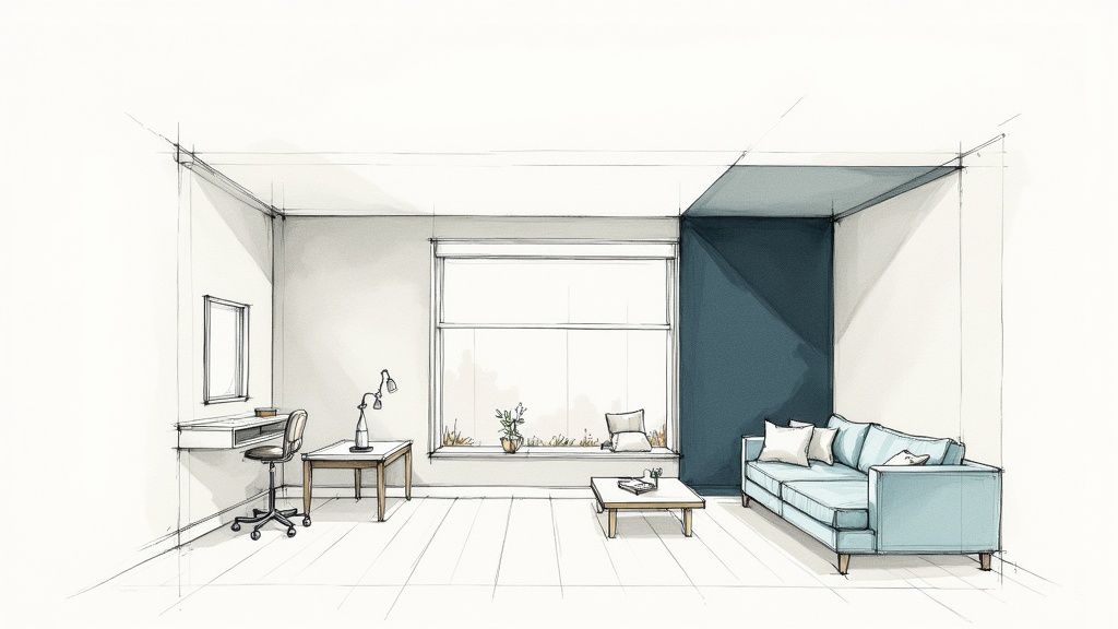 A bright, airy small room with light-colored walls and a large mirror reflecting natural light from a window.