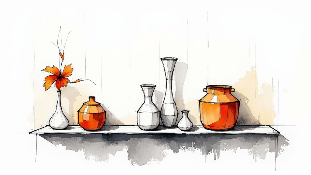 A styled shelf with minimalist 3D printed decor items