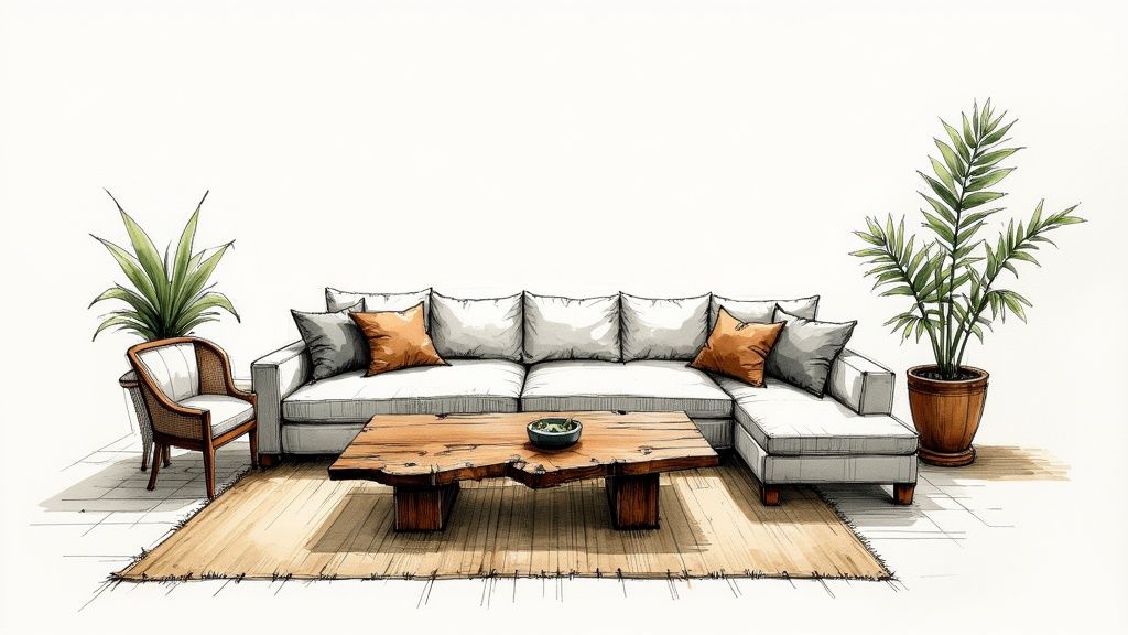 A chic, modern living room featuring a reclaimed wood coffee table and organic linen throw pillows.